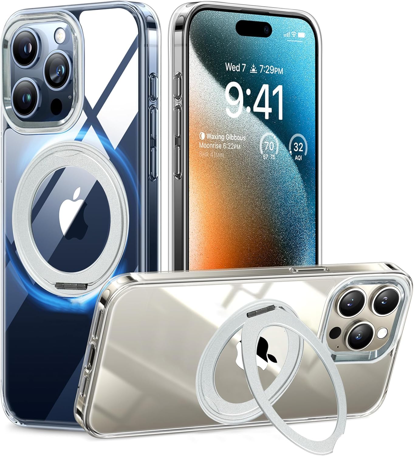 AZTECH SuperSnap 360°Rotatable Silver Ring Magnetic Ring for iPhone 15 Pro Case, Fit for MagSafe with Kick Stand & Ring Holder 16FT Military Grade Shockproof Translucent Back for iPhone 15 Pro