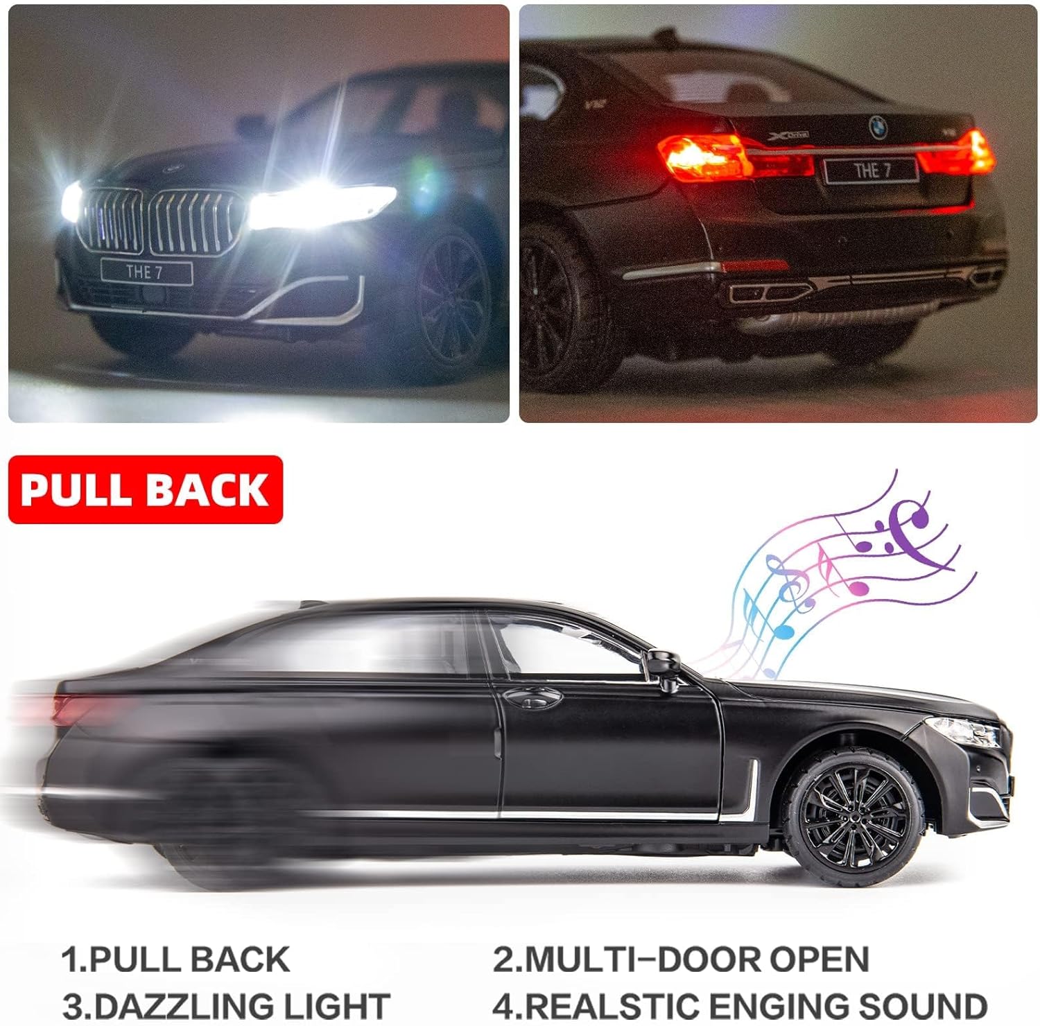 BDTCTK 1/24 Compatible for BMW 760 Model Car, Zinc Alloy Pull Back Toy car with Sound and Light for Kids Boy Girl Gift(Black), C341-1