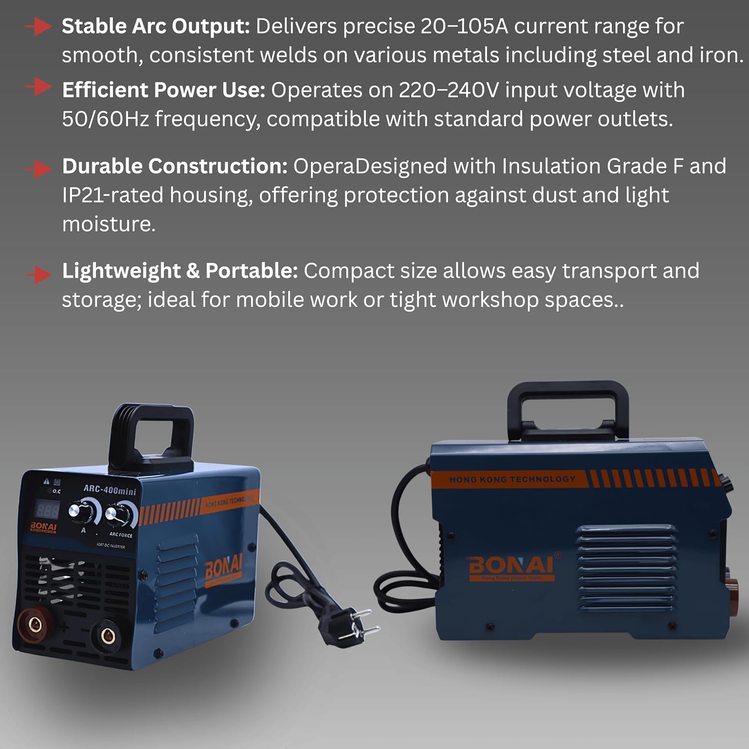 Bonai ARC-400 Mini Inverter Welder 220-240V | Portable MMA Welding Machine | IGBT DC Inverter 20-105A | Lightweight, Energy-Saving, Complete Welding Kit, BN-HK87