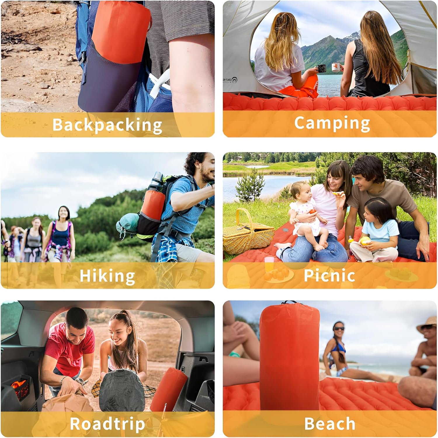 HEXAR Self Inflating Sleeping Pad with Foot Pump 190X64 Built-in Pump Foldable Sleeping Mat with Pillow for Camping Hiking Durable Inflatable Air Mattress - Carry Bag, Repair Patches (Bright Orange)
