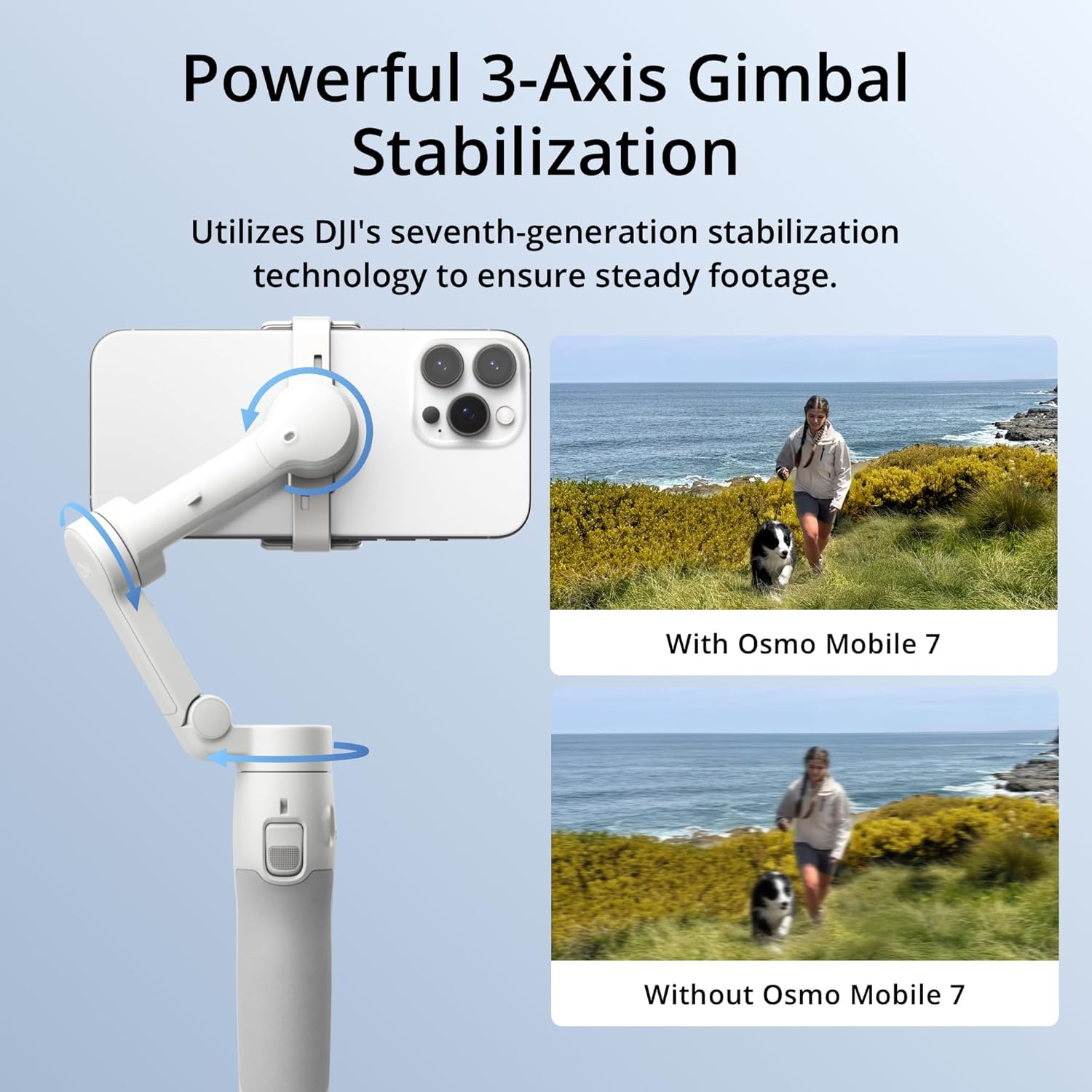 مثبت DJI Osmo Mobile 7 Gimbal لأجهزة iPhone وAndroid، حامل ثلاثي مدمج، خفيف الوزن للغاية، قبضة مريحة، مثبت ثلاثي المحاور للهاتف، ActiveTrack 7.0، أدلة التصوير، تعديل بلمسة واحدة، استخدام لمدة 10 ساعات، شحن الهاتف