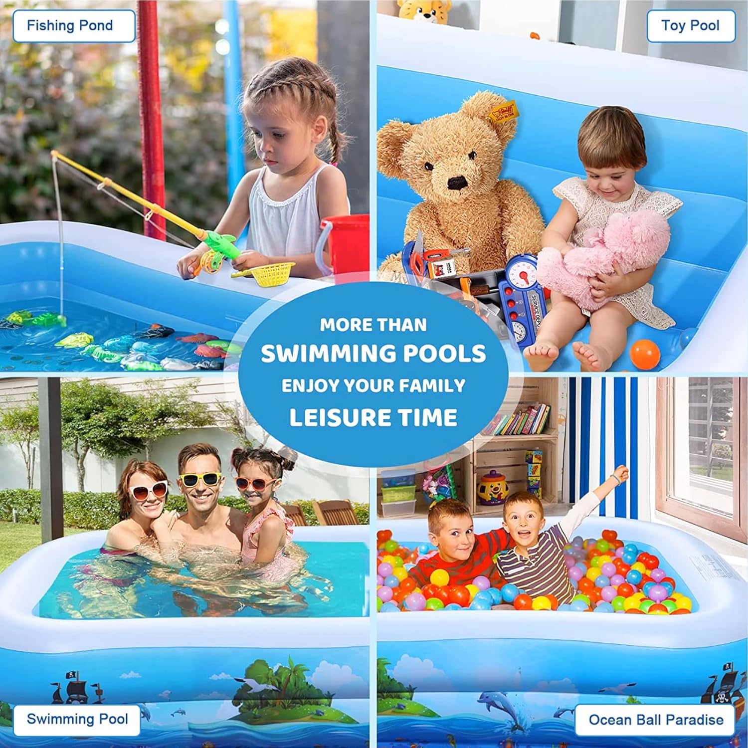 HEXAR Inflatable Swimming Pool Kiddie Pool Large Size Blow Up Swimming Pool for Family Adults Kids Toddler Giant Rectangle Lounge Blowup Pool for Indoor Outdoor Backyard Ground (210 X 150 X 60 CM)