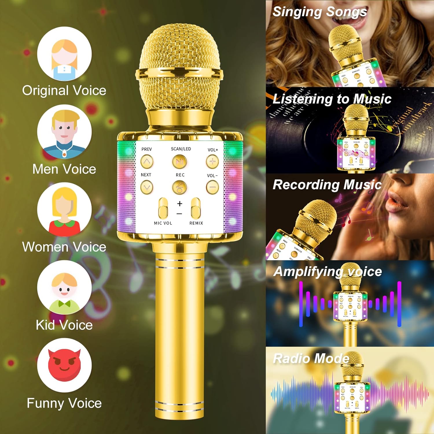 Milerong Karaoke Microphone for Kids Singing, 5 in 1 Wireless Bluetooth Microphone with LED Lights Karaoke Machine Portable Mic Speaker Player Recorder for Home Party Birthday 【Gold】