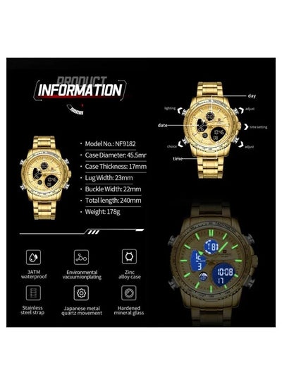 NAVIFORCE Watch for Men Fashion Sport with Casual Stainless Steel Strap Waterproof Analog Digital Dual Display Chronograph Military Quartz Wrist Watch NF9182