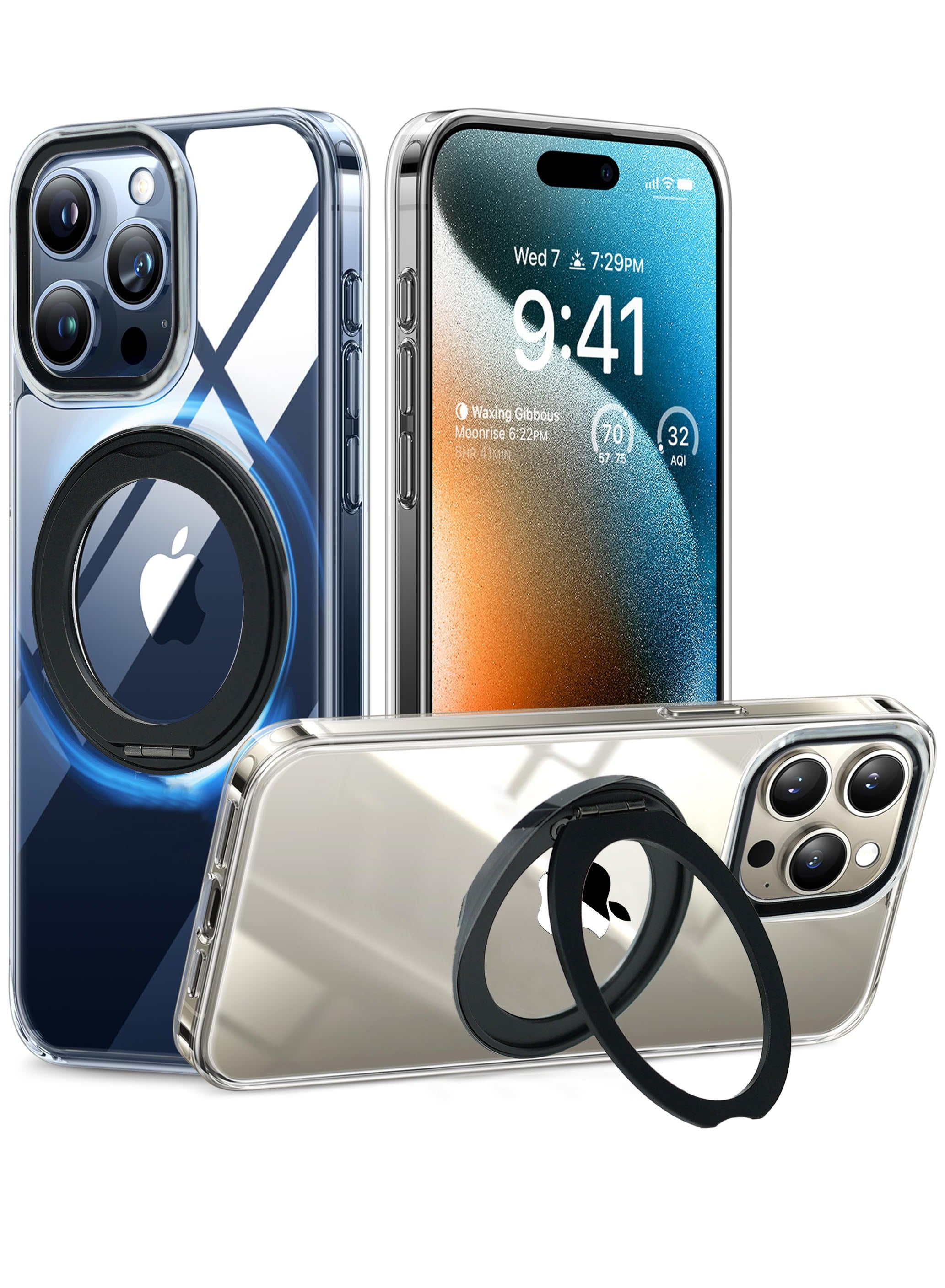 AZTECH Magnetic Phone Case for iPhone 15 Pro Case Cover Anti-Slip and Drop-Proof Protective Cover with 360° Ring Stand Compatible & MagSafe Exclusively Designed for iPhone 15 Pro Anti-Scratch, Colour : Black +Clear