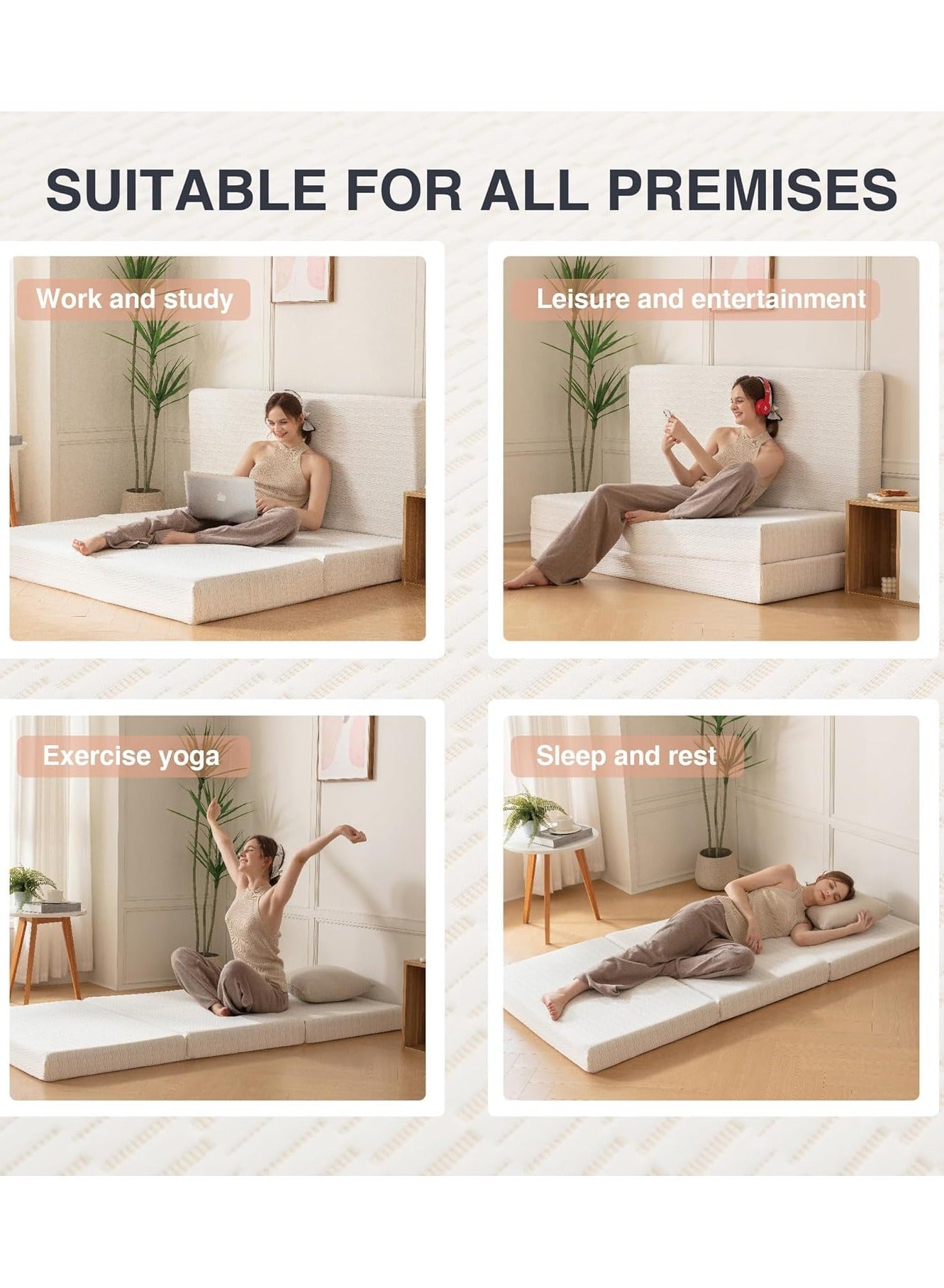 Tri-Fold Medicated Foam Mattress with White Satin Cover, Random Print, Portable & Multi-Functional Foldable Mattress for Lounging & Travel, 180 × 90 × 7 cm
