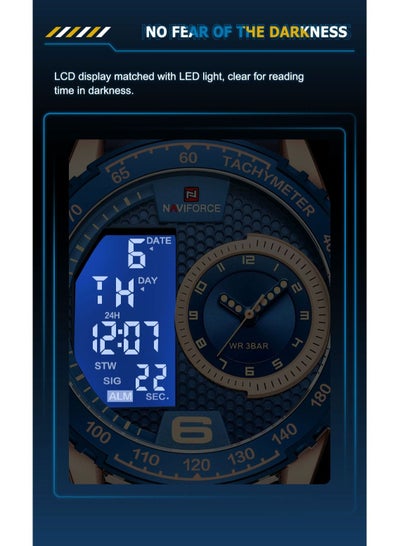 NAVIFORCE NF9199T للرجال موضة فاخرة من مادة TPU حزام ساعة كوارتز شاشة LCD مؤشر مضيء ساعة كوارتز مقاومة للماء