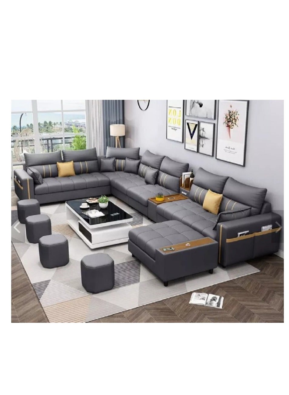 Modern Couch U Shaped Faux Leather Living Room Furniture Chaise Lounge Recliner Sectional L Shape Corner Sofa Set 7 Seater Grey 389X231X86