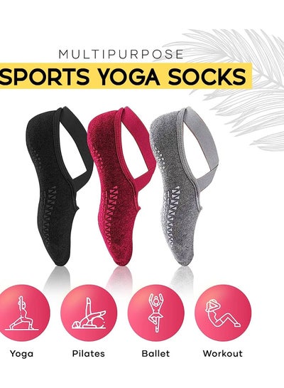 MEEGZ Three Pairs Socks by Meego for Women Non Slip Grips & Straps Sticky Grippers for Pilates Pure Barre