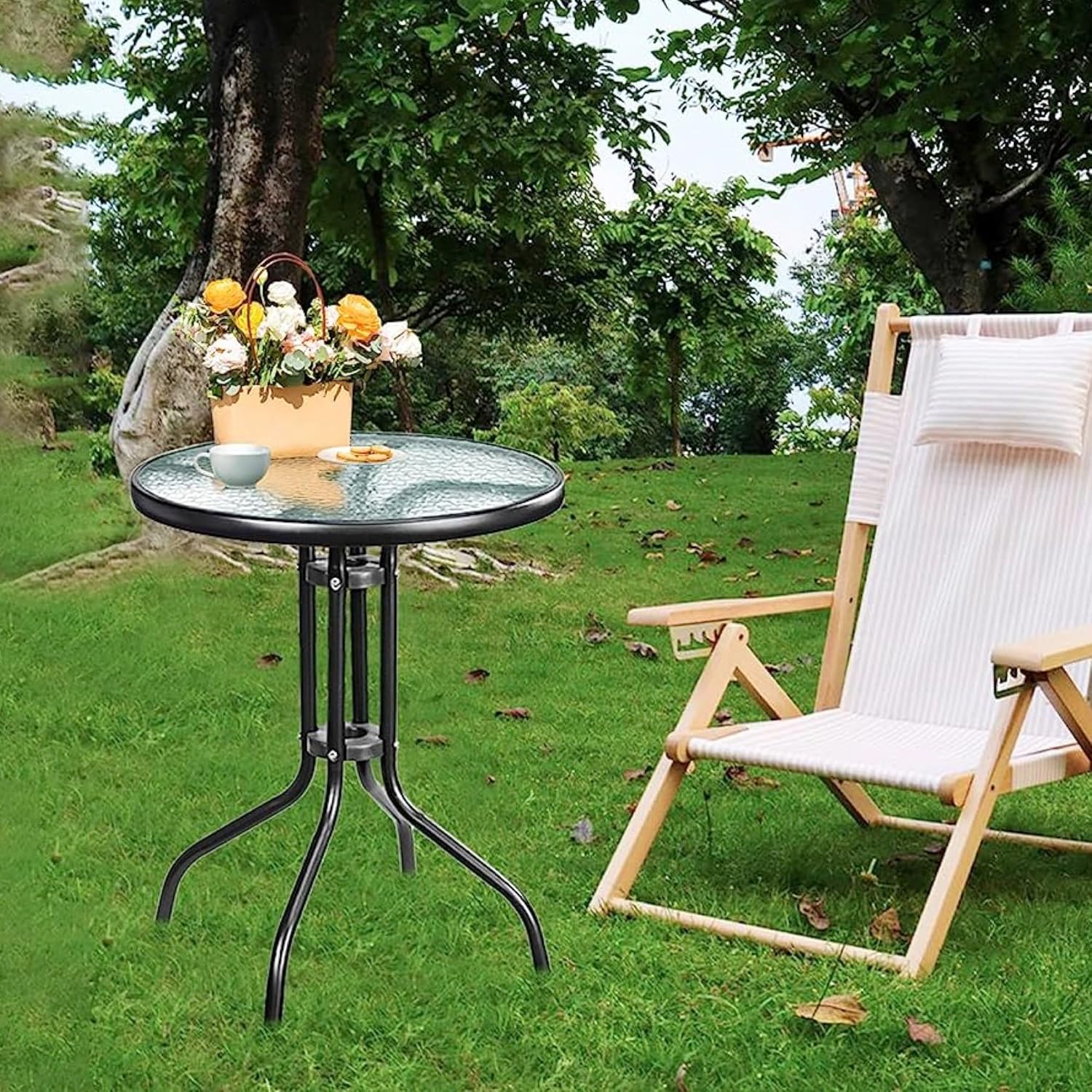 HEXAR Outdoor Round Table Coffee Table Patio Table Side Table Garden Table Outdoor Indoor Furniture with Metal Frame and Tempered Water Ripple Glass Top for Garden Backyard Porch Deck