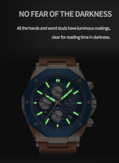 NAVIFORCE NF8028 ساعات كوارتز عصرية للرجال بحزام جلدي رياضي كرونوغراف ساعة معصم تاريخ تلقائي مقاوم للماء ساعات رجالية مضيئة