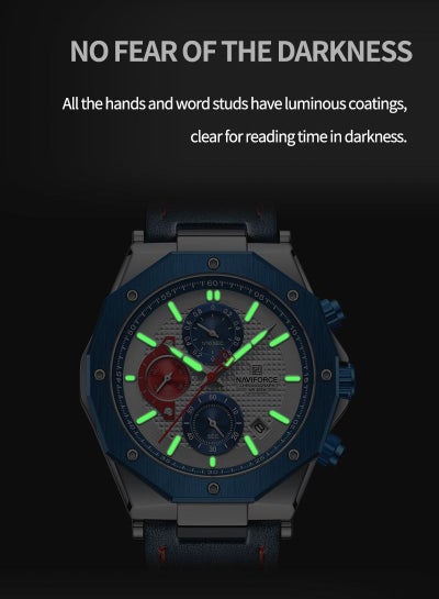 NAVIFORCE NF8028 ساعات كوارتز عصرية للرجال بحزام جلدي رياضي كرونوغراف ساعة معصم تاريخ تلقائي مقاوم للماء ساعات رجالية مضيئة