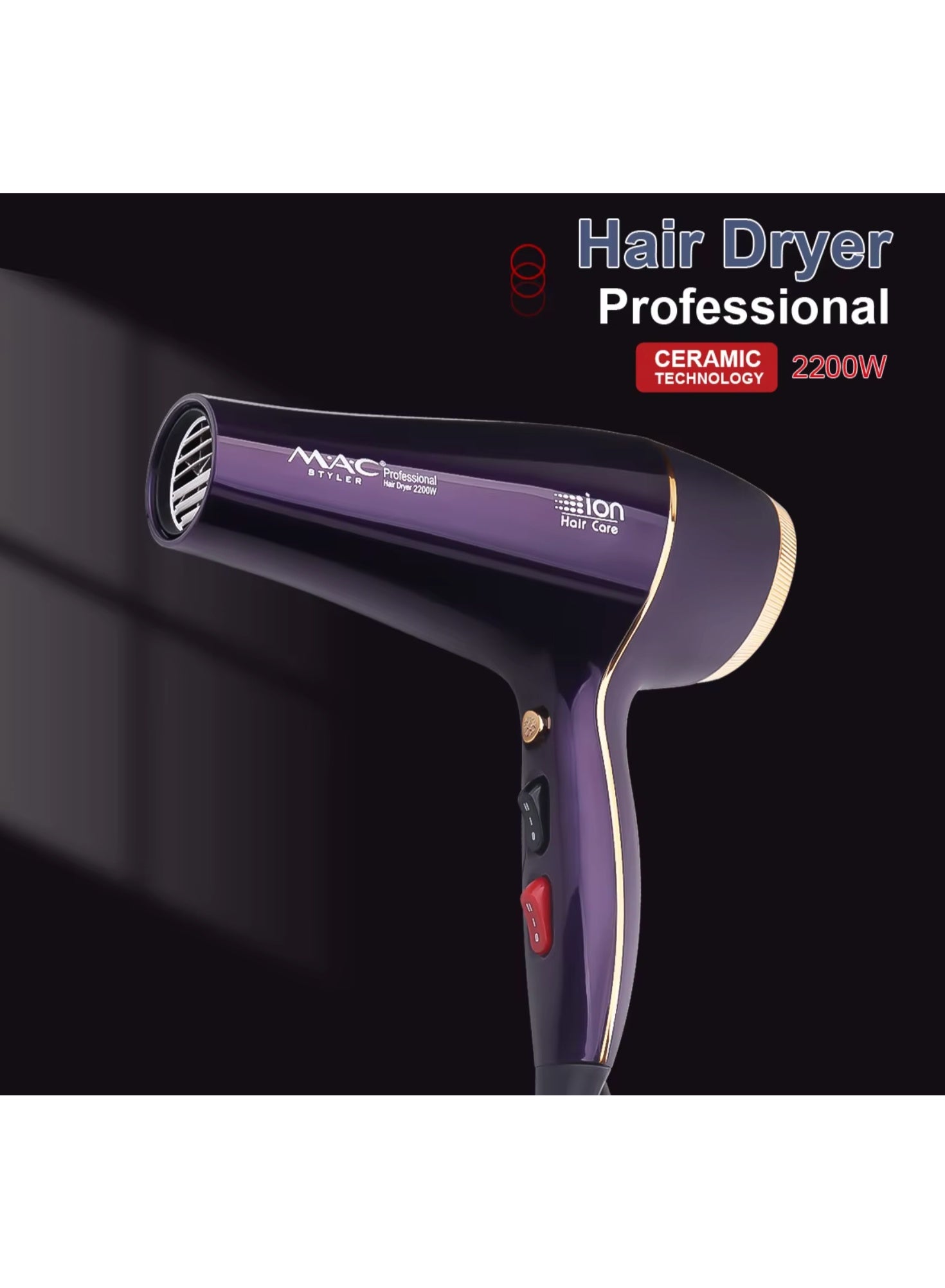 Mac Styler Professional Hair Dryer Durable Salon 2200W High Speed Hair Dryer Styling Tool Powerful Hair Dryer Set MC-6690A