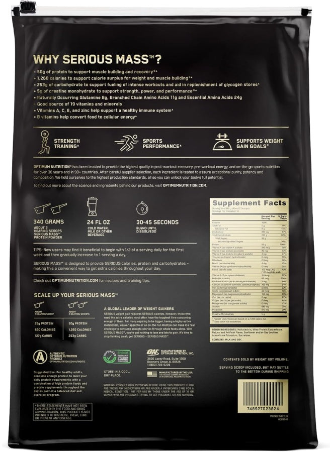 Optimum Nutrition Serious Mass: High Protein Muscle Building & Weight Gainer Protein Powder