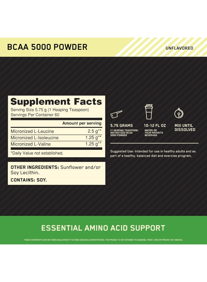 Optimum Nutrition (ON) Instantized BCAA Powder, Unflavored, Keto Friendly Branched Chain Essential Amino Acids Powder, 345 Grams, 60 Servings