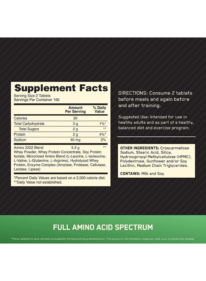Optimum Nutrition (ON) Superior Amino 2222 Tablets, Complete Essential Amino Acids, EAAs to Maintain Muscle Tissue - 320 Tablets