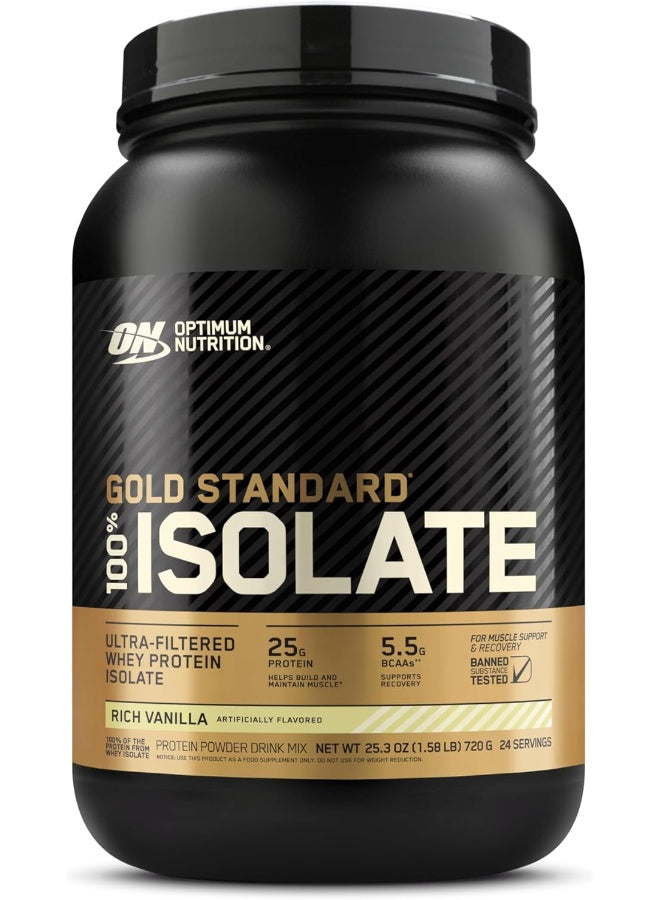 Optimum Nutrition (ON) Gold Standard 100% Isolate، 25 جرامًا من البروتين، بروتين مصل اللبن المعزول والمحلل والمُصفى للغاية - فانيليا غنية، 1.58 رطل، 24 حصة (720 جرامًا)