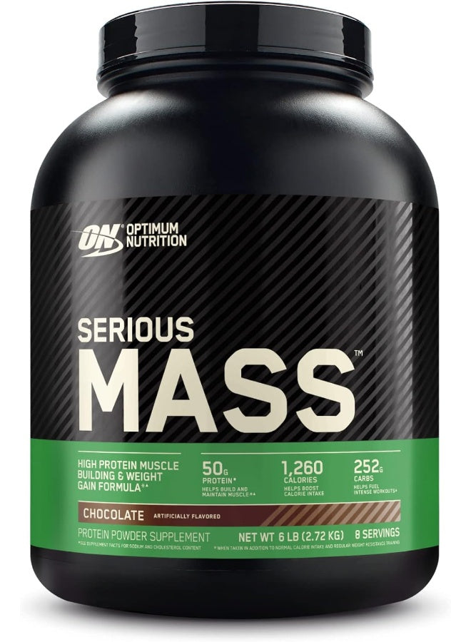 Optimum Nutrition (ON) Serious Mass: مسحوق بروتين عالي البروتين لبناء العضلات وزيادة الوزن، 50 جرامًا من البروتين، وفيتامين C، والزنك، وفيتامين D لدعم المناعة - شوكولاتة، 6 أرطال (2.72 كجم)