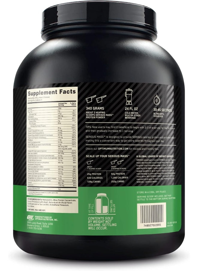 Optimum Nutrition (ON) Serious Mass: مسحوق بروتين عالي البروتين لبناء العضلات وزيادة الوزن، 50 جرامًا من البروتين، وفيتامين C، والزنك، وفيتامين D لدعم المناعة - شوكولاتة، 6 أرطال (2.72 كجم)