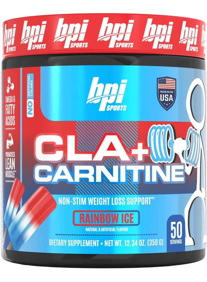 BPI Sports CLA + Carnitine – حمض اللينوليك المترافق – الأداء، العضلات الهزيلة – خالٍ من الكافيين – للرجال والنساء – Rainbow Ice – 50 حصة – 12.34 أونصة