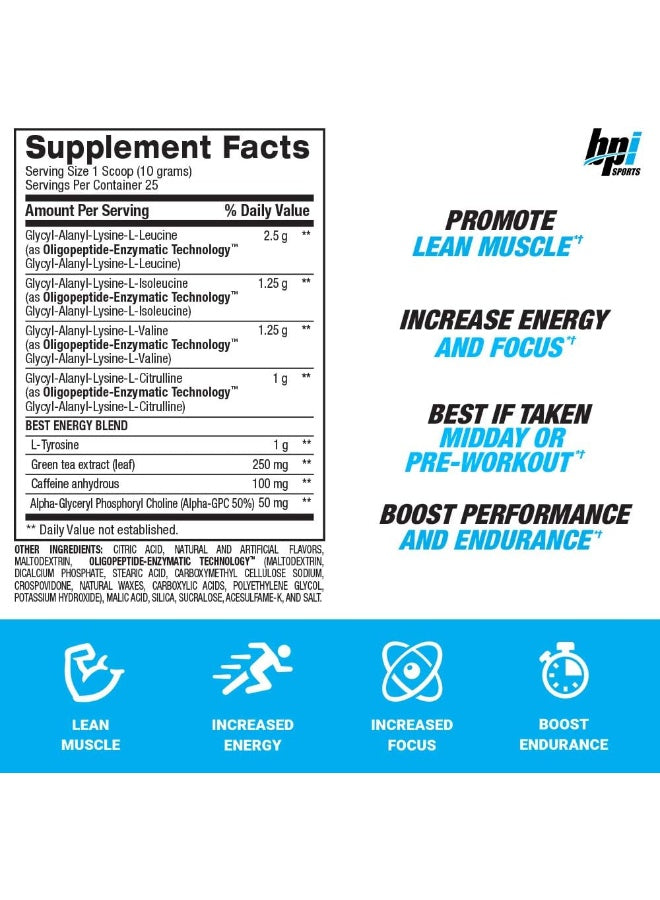 BPI Sports Best BCAA with Energy - Healthy BCAA Powder - Improved Performance - Lean Muscle Building - Accelerated Recovery - Proprietary Energy Blend - Sour Candy - 25 Servings - 8.8 oz.