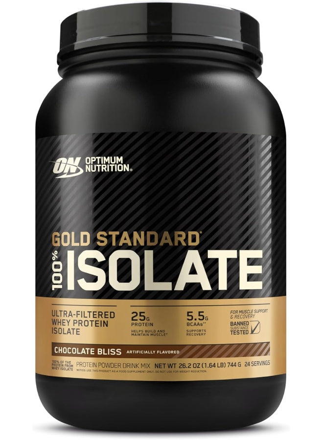 Optimum Nutrition (ON) Gold Standard 100% Isolate، 25 جرامًا من البروتين، بروتين مصل اللبن المعزول والمحلل والمُصفى للغاية - شوكولاتة بليس، 1.64 رطل، 24 حصة (744 جرامًا)