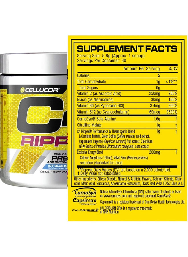 Cellucor C4 Ripped Explosive Pre-Workout - Icy Blue Razz - 30 Servings