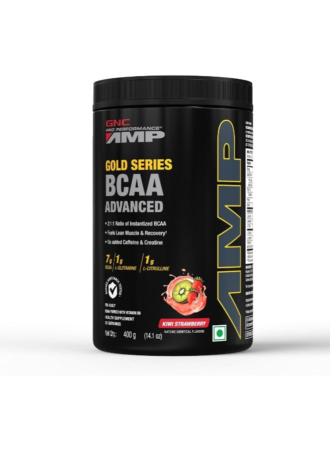 سلسلة GNC AMP الذهبية BCAA المتقدمة | ٤٠٠ غرام | ٣٠ حصة | أسرع تعافي عضلي | أداء رياضي مثالي | تركيبة أمريكية | ٧ غرامات BCAA | ١ غرام من L-جلوتامين | ١ غرام من L-سيترولين | نكهة الكيوي والفراولة
