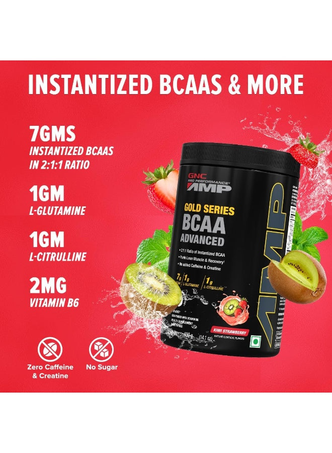 سلسلة GNC AMP الذهبية BCAA المتقدمة | ٤٠٠ غرام | ٣٠ حصة | أسرع تعافي عضلي | أداء رياضي مثالي | تركيبة أمريكية | ٧ غرامات BCAA | ١ غرام من L-جلوتامين | ١ غرام من L-سيترولين | نكهة الكيوي والفراولة
