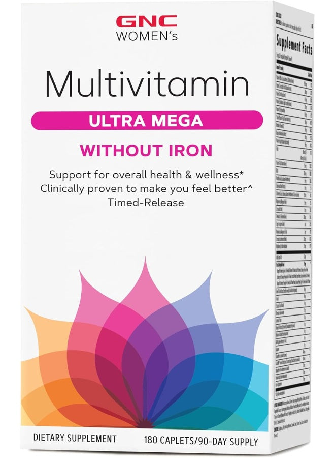 GNC Women's Multivitamin Ultra Mega Without Iron | Daily Vitamin Supplement | Supports Immune, Brain, Hair, Skin & Nails | 180 Caplets
