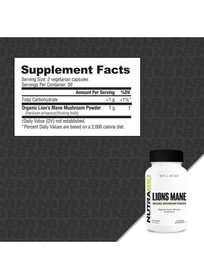 NutraBio Lion's Mane (500mg)- 60 Veg caps