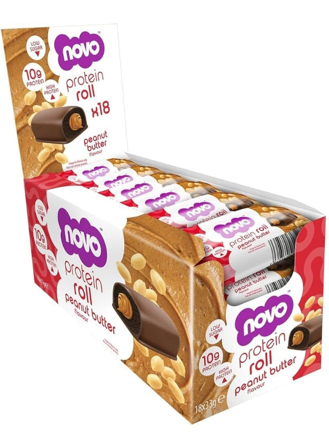 Novo Nutrition 10g Protein Rolls | Peanut Butter | High Protein Roll Bar, Low Sugar, Healthy Snack, Protein Bar Alternative | Suitable for Vegetarians | Pack of 18 x 33g