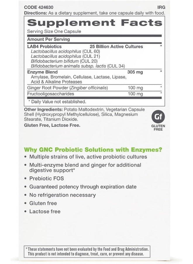 Probiotic Solutions With Enzymes With 25 Billion Cfus, 30 Capsules, Daily Probiotic Support