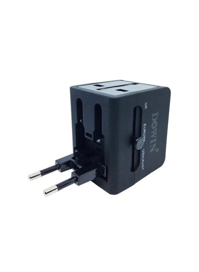 محول سفر عالمي مع منافذ شحن USB مزدوجة باللون الأسود