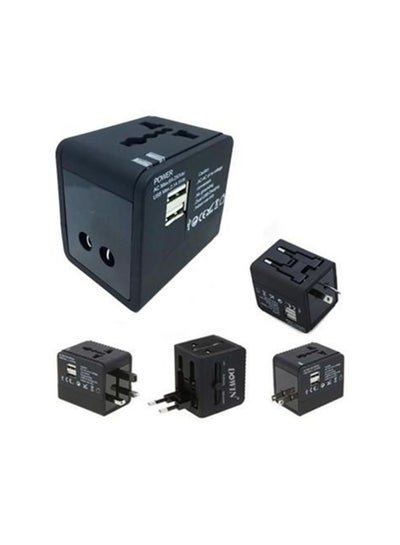 محول سفر عالمي مع منافذ شحن USB مزدوجة باللون الأسود