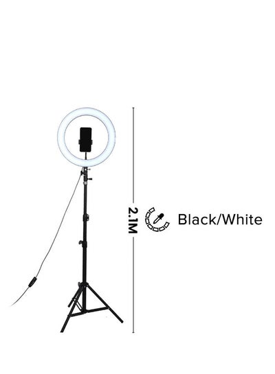 حلقة إضاءة LED للتصوير الفوتوغرافي بقدرة 3000.0 مللي أمبير في الساعة مع حامل ثلاثي القوائم أسود/أبيض