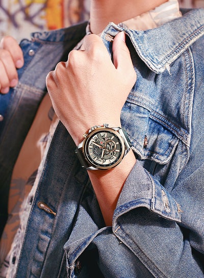 Men's Waterproof Geniune Leather BAnd Chronograph Quartz Watch 8380 - 48 mm - Dark Grey