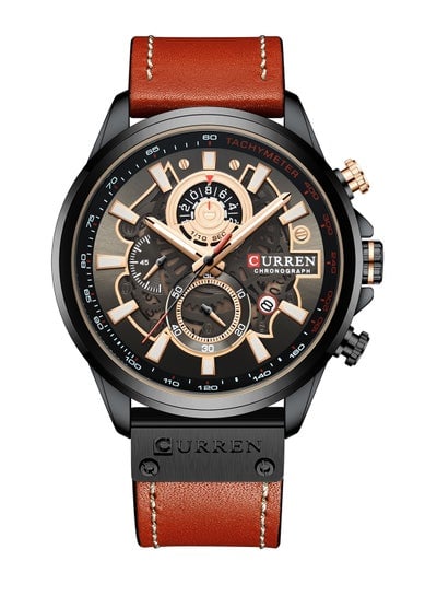 Men's Waterproof Geniune Leather BAnd Chronograph Quartz Watch 8380 - 48 mm - Orange