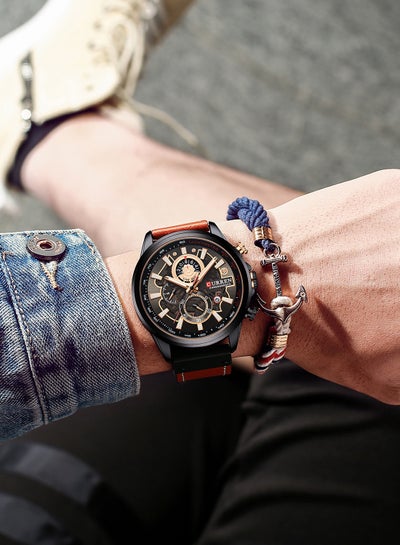 Men's Waterproof Geniune Leather BAnd Chronograph Quartz Watch 8380 - 48 mm - Orange