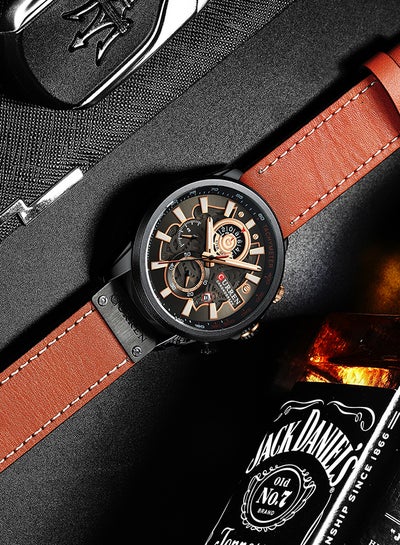 Men's Waterproof Geniune Leather BAnd Chronograph Quartz Watch 8380 - 48 mm - Orange