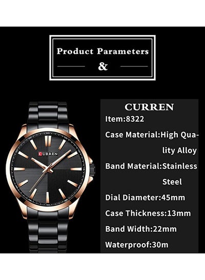 Men's Waterproof Stainless Steel BAnd Casual Quartz Watch 8322 - 45 mm - Black