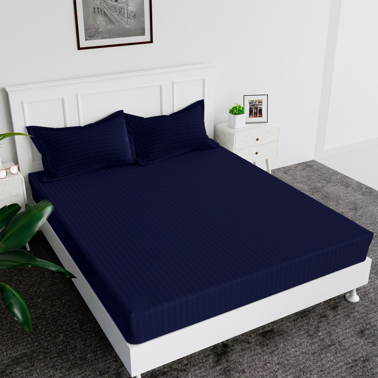 MAXQON Fitted Bed Sheet +2Pcs Pillow Covers, Super King Size 200x200+20cm, Color Blue
