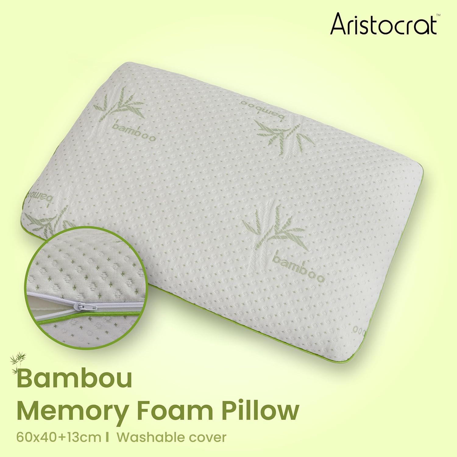 Set Of 2-Bamboo Memory Foam Pillow With Removable Bamboo Rayon Cover - Hypoallergenic & Breathable- 60x40x13cm