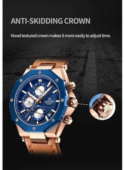 NAVIFORCE NF8028 ساعات كوارتز عصرية للرجال بحزام جلدي رياضي كرونوغراف ساعة معصم تاريخ تلقائي مقاوم للماء ساعات رجالية مضيئة