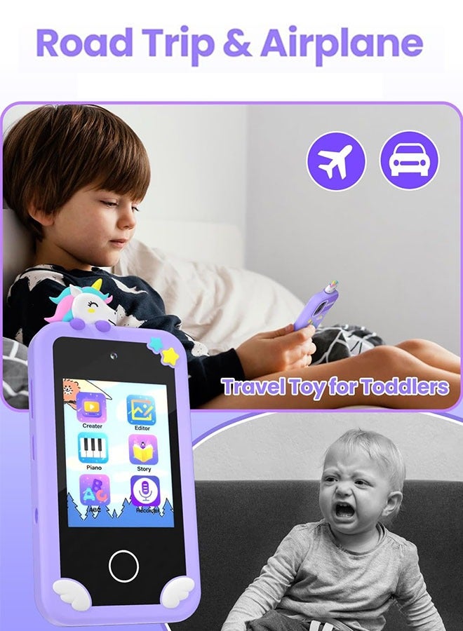Kids Smart Phone with 3D Holographic Pyramid, 2.8inch Touchscreen Learning Toy with Dual Cameras and Music Player, Perfect Christmas, eid and Birthday Gift for Ages 3-10, Purple