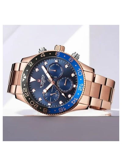 NAVIFORCE Nf9147 Day Date Function Business Chronograph Watch For Men- Blue/Rose gold