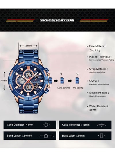 ساعة NAVIFORCE الرجالية الفاخرة للأعمال الرياضية كوارتز متعددة الوظائف عسكرية مقاومة للماء من الفولاذ المقاوم للصدأ NF9165