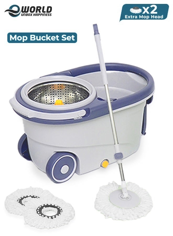 Spin Mop and Bucket Set with Detachable Spinning Bucket, Wheels, Stainless Steel Telescopic Handle and Reusable Microfiber Mop Heads, 6L Bucket for Effortless and Deep Floor Cleaning on All Surfaces