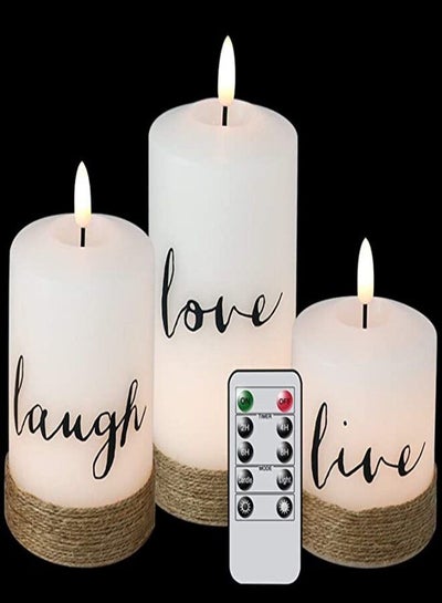 Flameless Poster Candles with 6-Hour Timer, Set of 3 3-Wick Battery Operated Candles LED Live Love Laugh Rope Decor Candles