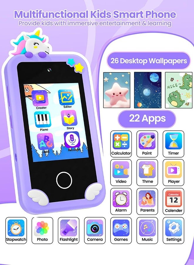 Kids Smart Phone with 3D Holographic Pyramid, 2.8inch Touchscreen Learning Toy with Dual Cameras and Music Player, Perfect Christmas, eid and Birthday Gift for Ages 3-10, Purple